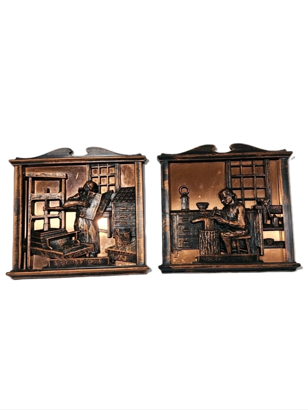 2 Coppercraft Guild COPPERSMITH PRINTER Colonial Copper Metal Wall Art 9x 10